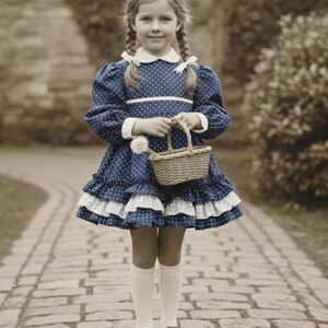 Vintage  Blue Polka Dot Martha’s Miniatures Dress with White ruffle Trim size 4